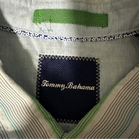 Tommy Bahama Cotton Silk Blend White Blue & Green Striped Button Down Shirt XXL - Picture 5 of 8